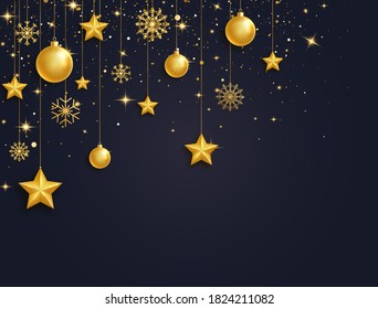 Christmas 3d gold balls, stars and snowflakes garland. Golden glass xmas toys. Luxury hanging baubles with ribbon. Bright Holiday ornament. Festive glitter design elements. Vector illustration.