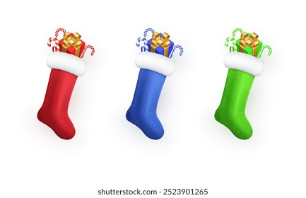 Christmas 3D hanging stockings with gift inside, colorful Santa sock, winter holiday decoration elements collection. 