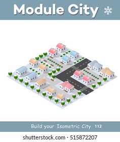 Christmas 3d house in the winter forest. Isometric building in the region landscape. Three-dimensional Village with streets and houses. Seasonal nature scenery stock vector