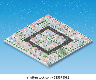 Christmas 3d house in the winter forest. Isometric building in the region landscape. Three-dimensional Village with streets and houses. Seasonal nature scenery stock vector