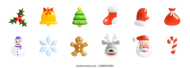 Christmas 3d Icons, Emoticons Set. Holly, Christmas Bell, Christmas Tree, Santa Claus Stocking and Mitten, Gift Bag, Snowman, Snowflake, Deer, Santa Claus, Gingerbread Man, Candy Cane. 3D Vector Icons