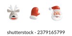 Christmas 3d Icons Set. Deer face, Santa Claus mitten, Santa Claus face isolated on white background. Xmas symbol. Cute Cartoon Design Element for Christmas and New Year Holidays. Stock 3D Vector Icon