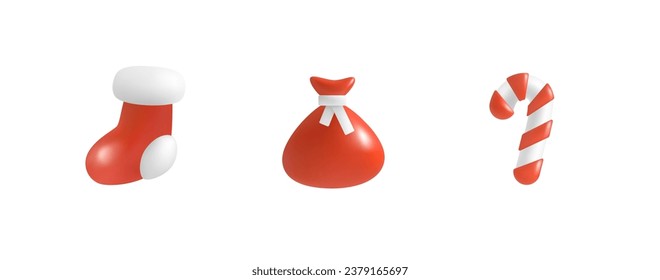 Christmas 3d Icons Set. Santa Claus Stocking, Gift Bag, Candy Cane isolated on white background. Xmas Gift Symbols concept. Cartoon Design Element for New Year Holidays. Stock 3D Vector Icons