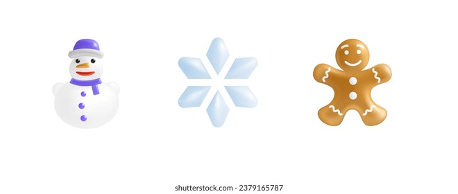 Christmas 3d Icons Set. Snowman, Snowflake, Gingerbread man isolated on white background. Xmas Symbols concept. Cartoon Design Element for New Year Holidays. Stock 3D Vector Icons