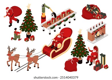 Christmas 3d isometric mega set in isometry graphic design. Collection elements of Santa Claus with gift bag, tree, festive tree, reindeers in sleigh, fireplace, presents, other. Vector illustration.