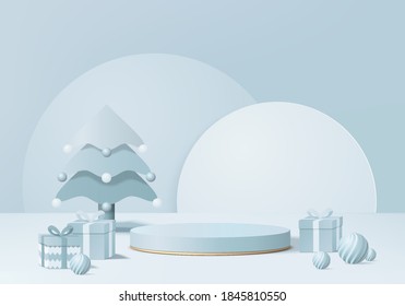 Christmas 3d minimal rendered scene with gift box and podium platform. Christmas tree background vector 3d rendering with gold podium. stand to show products. Christmas 3d showcase on pedestal blue