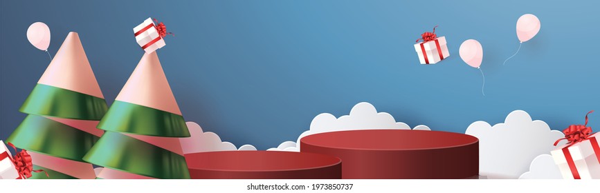 christmas 3d podium happy new year  paper art in winter season and gift  vector illustation 