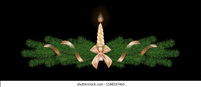 Christmas 3d realistic pine branches with golden  ribbon bow on black background. Candle. Vector illustration.