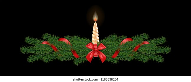 Christmas 3d realistic pine branches with golden red  bow on black background. Candle. Vector illustration.