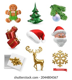 Christmas 3d realistic vector icon set. Gingerbread cookie, Christmas tree, gifts boxes, Santa Claus, golden deer, snowflake