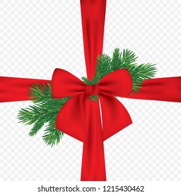 Christmas 3d realistic vector pine branches with red ribbon bow.