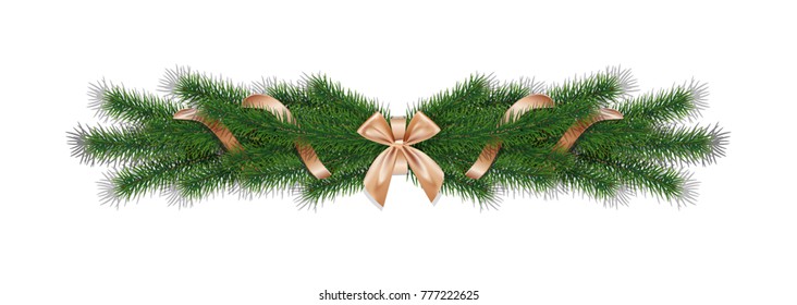 Christmas 3d realistic vector pine branches with golden ribbon bow. 