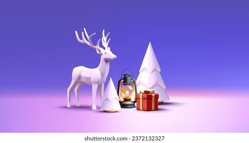 Christmas 3d render composition of vintage kerosene lamp with reindeer statuette and Christmas tree and gift boxes on sky backdrop