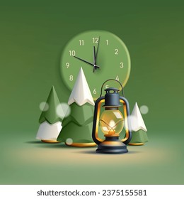 Christmas 3d render composition of vintage kerosene lamp with Christmas trees and analog clock, light flares, countdown, green