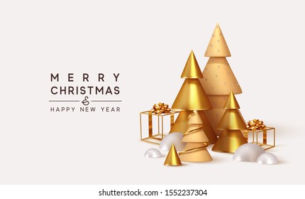 Christmas 3D render illustrations. Composition from golden metallic pine, spruce trees. cubic hollow gifts box, white snow drifts. New Year cone shape trees. Xmas background, realistic objects design.