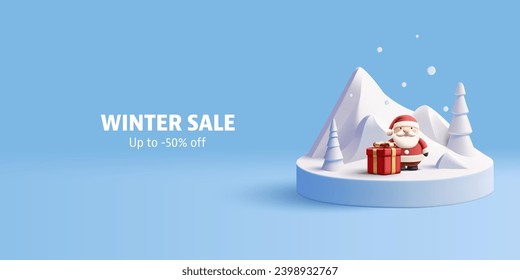 Christmas 3d render podium discounts composition with white fir trees and Santa Claus with red gift box, show case stage or pedestal, modern cartoon illustration