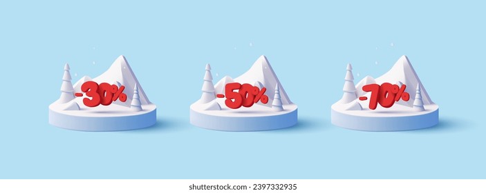 Christmas 3d render podium with white fir trees and big red rounded 3d percent numbers for sale banner and discounts