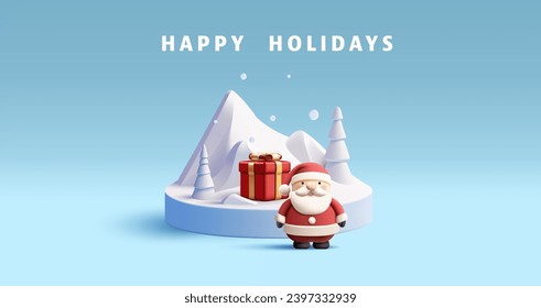 Christmas 3d render podium with white fir trees and Santa Claus with red gift box, show case stage or pedestal, modern cartoon illustration, advertising promo for products