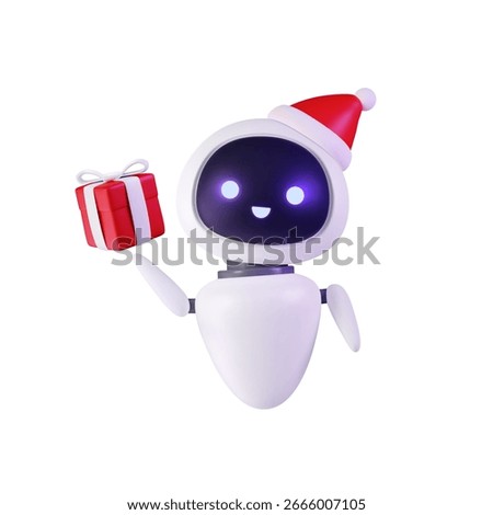 Christmas 3d robot. AI chat bot in Santa's hat holding red gift box. Floating futuristic character. Network device, virtual cute cyborg. Vector illustration. Element for New Year's banners, card