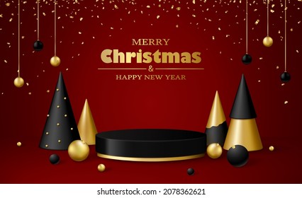 Christmas 3d scene with black and gold podium platform, Christmas fir trees and balls, confetti. Vector illustration.