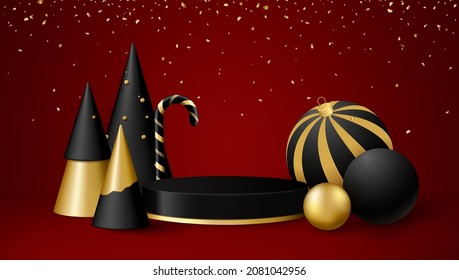 Christmas 3d scene with black and gold podium platform, balls, candy and Christmas trees. Vector illustration.