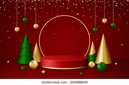 Christmas 3d scene with red and gold podium platform, green and gold Christmas fir trees and balls, confetti. Vector illustration.