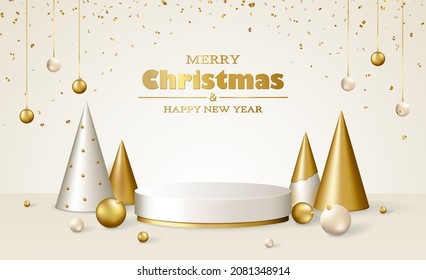 Christmas 3d scene with red and gold podium platform, Christmas fir trees and balls, confetti. Vector illustration.