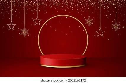 Christmas 3d scene with red and gold podium platform, garlands and confetti. Vector illustration.