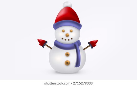 Christmas 3d Snowman isolated vector background. Holiday xmas card. Realistic cartoon cute snowman in red cap and gloves.