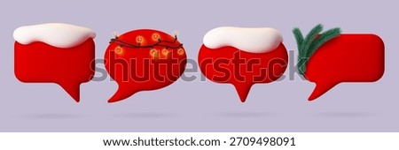 Christmas 3D speech bubbles with round and rectangle shapes and snow on top. Red vector dialog boxes with fir branches and garland lights for magical winter vibe