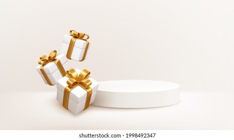 Christmas 3d style Product podium scene with flying falling white gift box with gold bow. Merry Christmas and New Year festive banner design, greeting card. Vector illustration EPS10