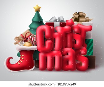 Christmas 3d text vector concept design. Christmas red typography with realistic xmas decoration like shoes, gifts and christmas tree in white snow background. Vector illustration