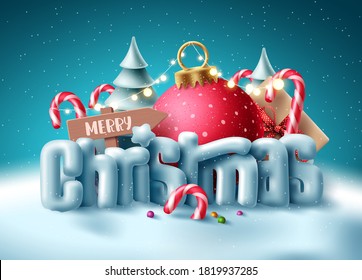 Christmas 3d text vector concept design. Merry christmas greeting typography with miniature decoration in snow winter background for xmas holiday season. Vector illustration 
