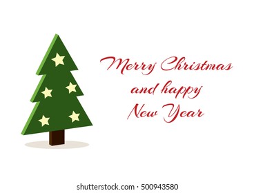 Christmas 3d tree, minimalistic simple vector Merry Christmas card wishing happy New Year also.