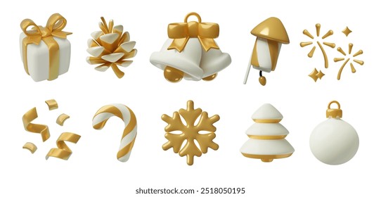 Christmas 3D vector gold elements and decorations collection. Gift box, candy cane, snowflake, pine tree and cone, fireworks, holiday bells, confetti and ornament. 