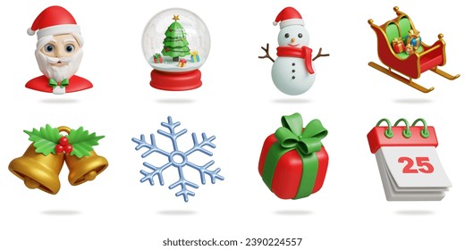 christmas 3D vector icon set.
santa claus,christmas decorative ball,snowman,christmas sleigh,golden bells and christmas leaves,snowflake,gift box,christmas day calendar