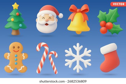Conjunto de ícone do vetor 3D de Natal: árvore de natal, Papai Noel, sino, folha de azevinho, gengibre, cana-de-doce, floco de neve, meia