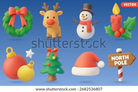 Christmas 3D Vector Icon Set: wreath,reindeer,snowman,candle,bauble,christmas tree,christmas hat,north pole signpost