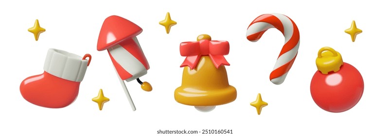 Navidades Conjunto de iconos vectoriales 3D. Emoji rojo y blanco de vacaciones de Navidad en un lindo estilo plástico tridimensional. Medias, fuegos artificiales, cascabel con un arco, bastón de caramelo y adorno. 