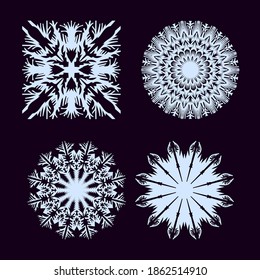 Christmas 4 light blue retro snowflakes, three round one square isolated on a black background for New Year holidays decoration.