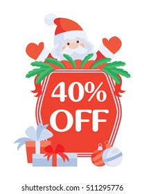 Christmas 40 percent off vector. Flat design. Santa with sale poster. Simple xmas sticker with text, presents, balls. Winter holidays shopping, discounts ads. Purchase gifts for holidays