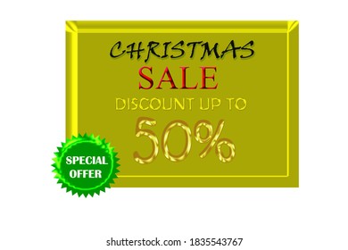 Christmas 50% discount banner in gold color background with special offer tag in green background , fifty percent off sale discount 50% gold off , off upto 50% gold colour 50% banner label Super sale 