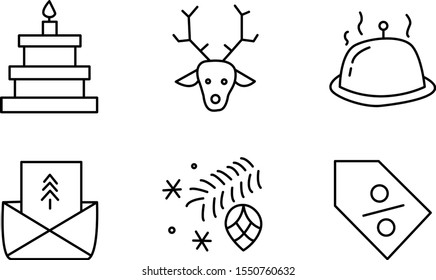 christmas  6 new year winter celebration decoration symbol vector outline line black on white background icons set