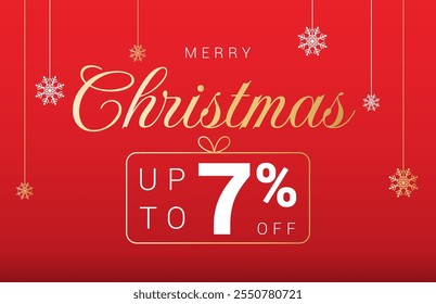 Christmas 7% OFF sale label. Sale percentage Seven percent off. Horizontal posters, greeting cards, website. Christmas snowflakes on red background. Vector illustration.