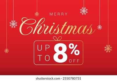 Natal 8% OFF etiqueta de venda. Porcentagem de venda Oito por cento de desconto. Cartazes horizontais, cartões comemorativos, website. Flocos de neve de Natal em fundo vermelho. Ilustração vetorial.