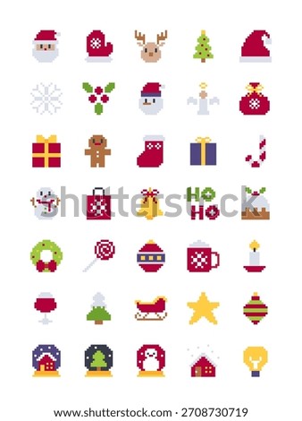 Christmas 8bit Pixel Art Collection with Cute Winter Icons and Festive Holiday Elements Vector Illustration