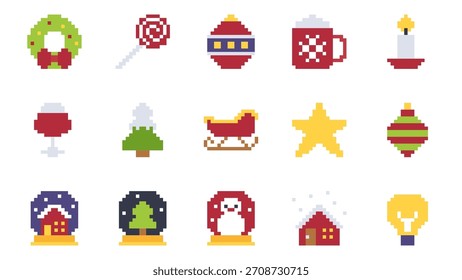 Weihnachten 8bit Pixel Art großes Icon Set mit festlichen Winterdekorationen und Feiertagssymbolen Vektorgrafik