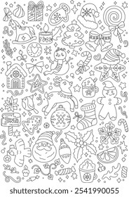 Página de Natal A4 para colorir. Elementos de design de Natal lineart.