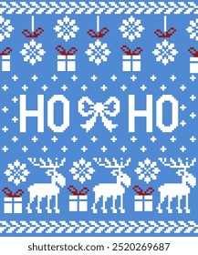 Christmas abstract art background, print, fabric, handmade, embroidery, Pixel pattern, seamless Geometric ethnic oriental, wallpaper, clothing, wrapping, Batik, fabric, and illustration, reindeer.