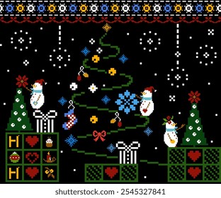 Christmas abstract art background, print, fabric, handmade, embroidery, Pixel pattern, seamless Geometric ethnic oriental, wallpaper, clothing, wrapping, snowman, fabric, and illustration embroidery.